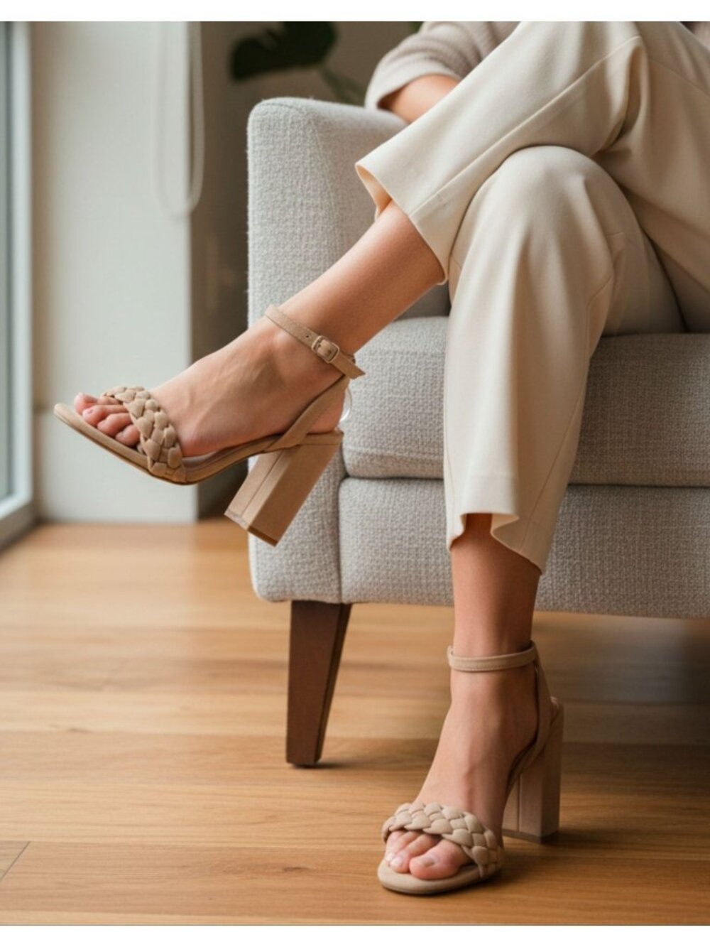 Braided Strap Block Heel Sandals With Adjustable Ankle Strap In Beige